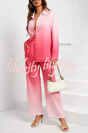 Gradient Long-sleeved Shirt Top and Loose-fitting Pocket Straight-leg Pants Set