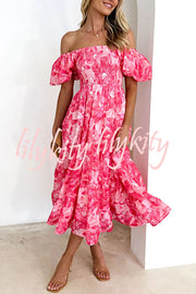 Petal Princess Unique Print Smocked Waist Puff Sleeve Midi Dress