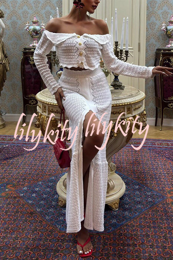 Fashion Knitted Off-the-shoulder Long-sleeved Top and Elastic Slit Maxi Skirt Set