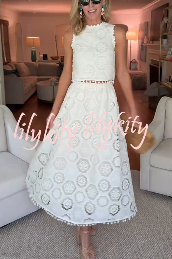Nice Try Embroidered Crochet Lace Tassle Trim Elastic Waist Midi Skirt
