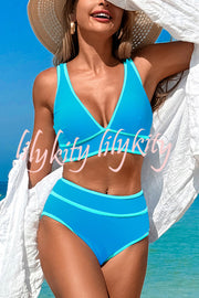 Solid Color Contrast High Waist Stretch Bikini Swimsuit