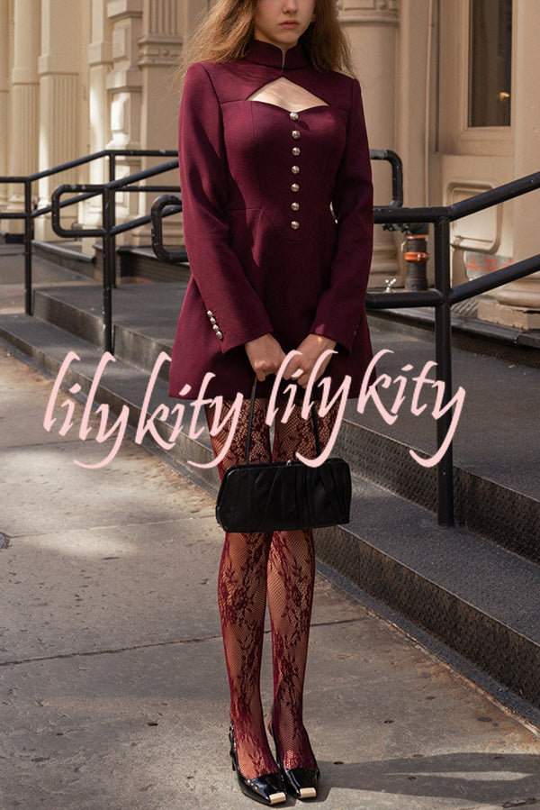 Elegant Long-sleeved Hollowed-out Button-down Slim-fit Mini Dress