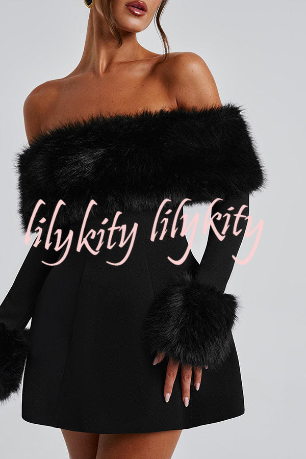 Cute and Luxe Faux Fur Trim Off Shoulder Bubble Shaped Mini Dress