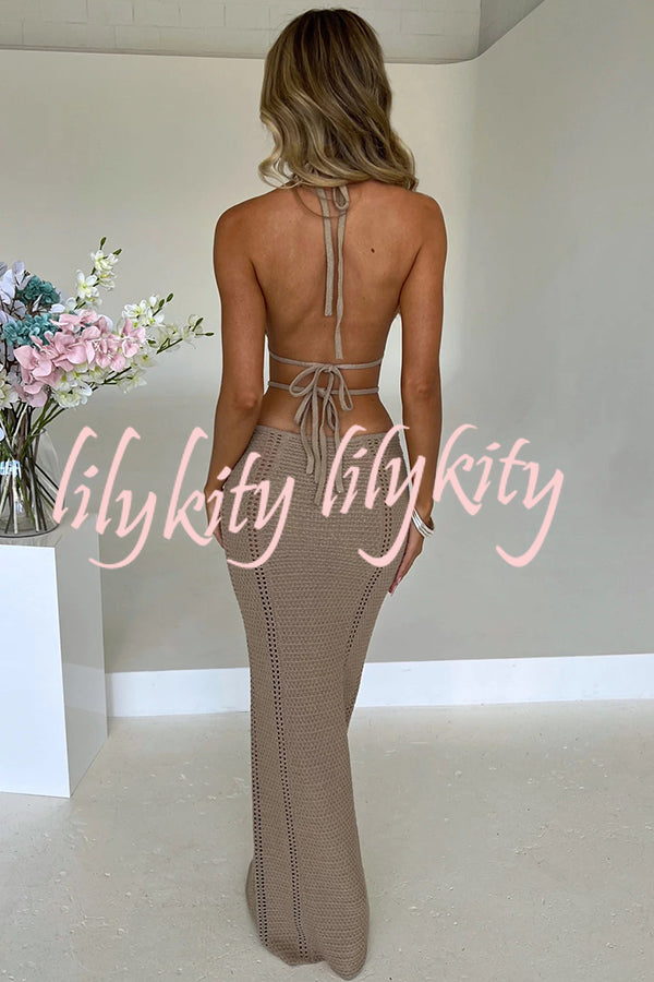 Effortlessly Cool and Sexy Knit Crochet Cutout Halter Tie-up Stretch Maxi Dress