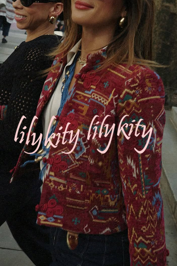 Vintage Bohemian Printed Chinese Style Buttons Long Sleeve Crop Jacket