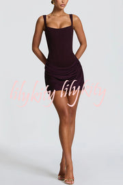 Cornelia Square Neck Back Lace-up Satin Drape Hem Mini Dress