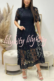 Elegant Crocheted Cutout Lace Short-sleeved Stand-collar Midi Dress