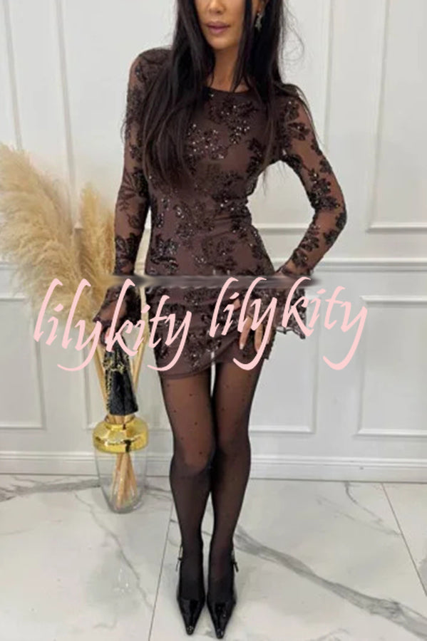 Deep and Dazzling Floral Texture Sequin Long Bell Sleeve Open Back Mini Dress