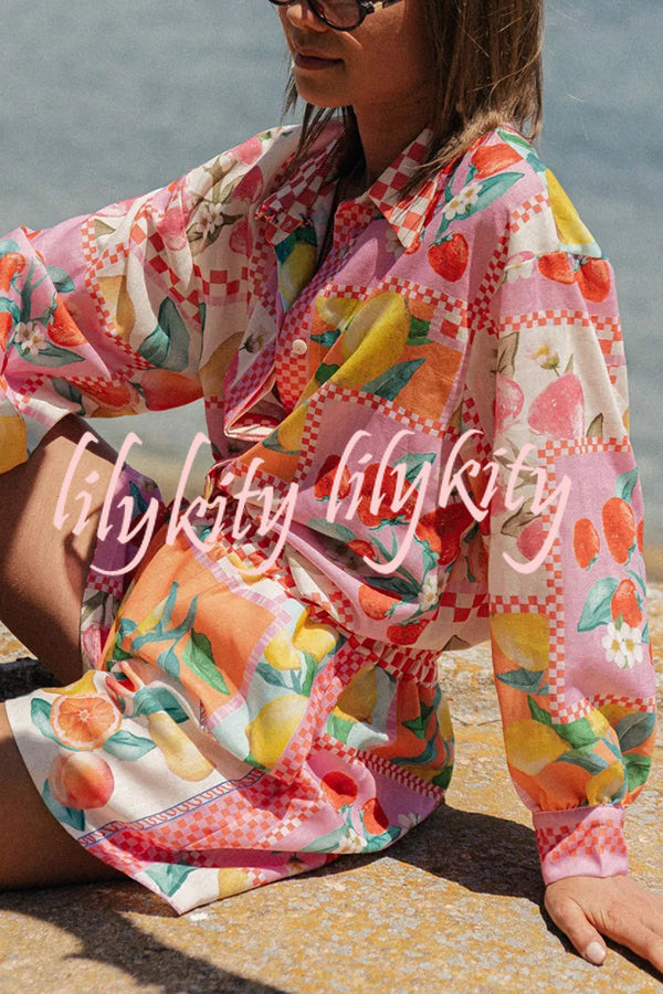 Leisurely Outings Summer Fruit Print Loose Long Sleeve Shirt and Elastic Waist Pocket Shorts Set