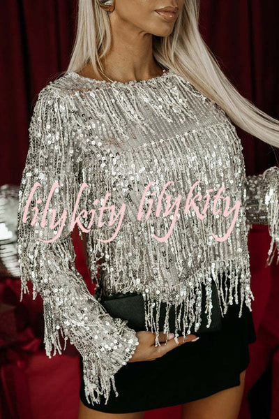 Dancing Elf Sequin Tassel Boat Neck Long Sleeve Top