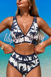 Solid Color Contrast High Waist Stretch Bikini Swimsuit