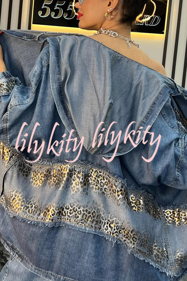 Fashion Loose Hooded Leopard Print Pocket Top and Casual Wide-leg Pants Set