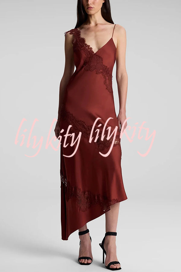 Sexy Lace Stitching Suspender V-neck Asymmetrical Maxi Dress