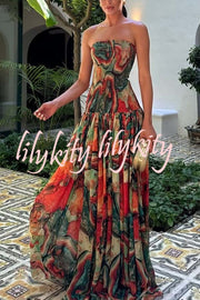 Vacay Vibes Colorful Lava Print Off Shoulder Smocked Scarf Maxi Dress