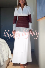 Fashionable Pleated Contrast Patchwork Waist Long Sleeve Button Shirt Maxi Dress