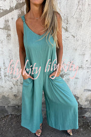 Linen Blend Solid Color Suspenders Loose Pockets Casual Wide-leg Jumpsuit