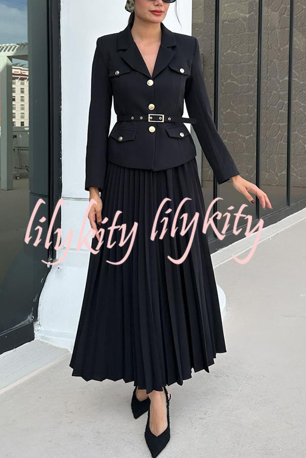 Solid Color Lapel Button Belt Blazer and Pleated Casual Maxi Skirt Set