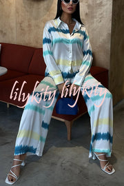 Lizbeth Satin Tie Dye Print Long Sleeve Shirt and Elastic Waist Pocketed Pants Set