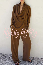 Bella Satin Drape Collar Single Button Casual Blazer and Elastic Waist Pocket Loose Pants Set