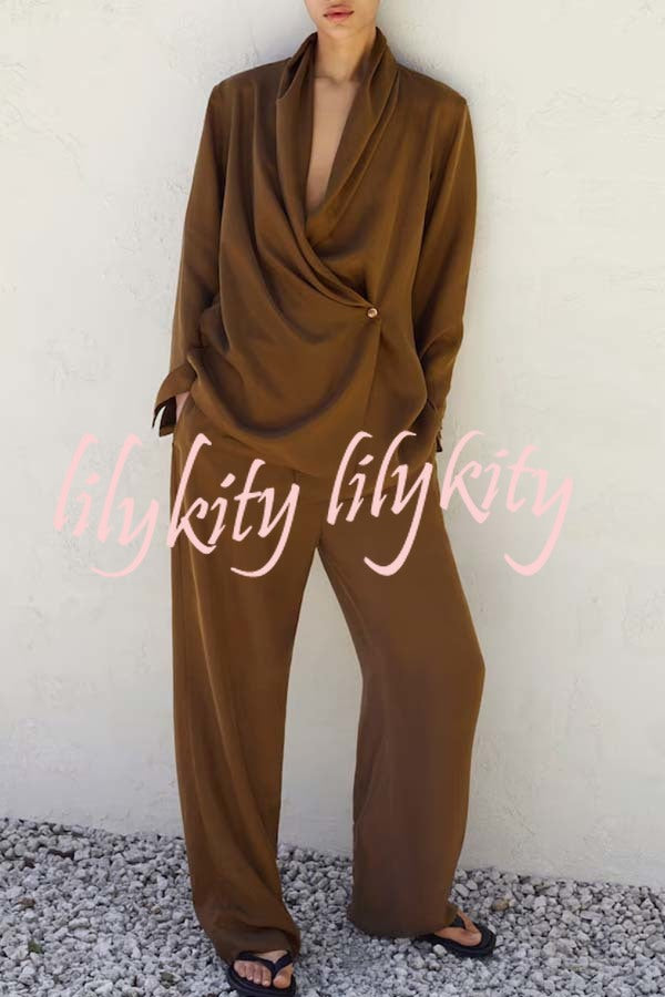 Bella Satin Drape Collar Single Button Casual Blazer and Elastic Waist Pocket Loose Pants Set
