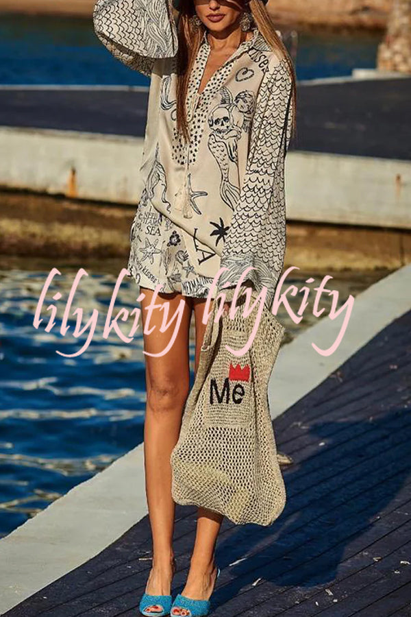 Live By Water Satin Unique Print Tassle Shirt and Elastic Waist Shorts Set