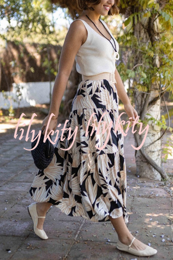 Resort Style Botanical Print Elastic Waist Loose Stitching Midi Skirt