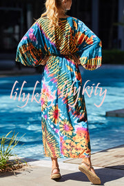 Unique Print Loose Lace Up Holiday Maxi Cover Up