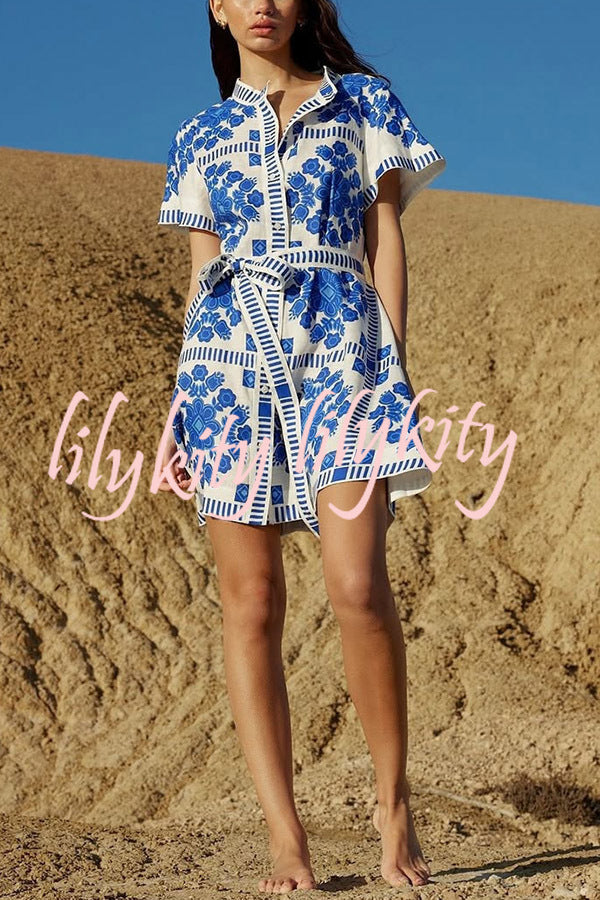 Unique Print Short Sleeve Button Tie Waist Mini Dress