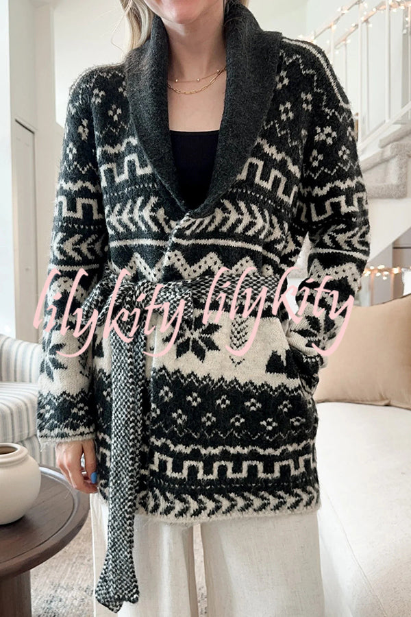 Winter Snowflake Waist Tie Lapel Midi Pocket Knit Cardigan