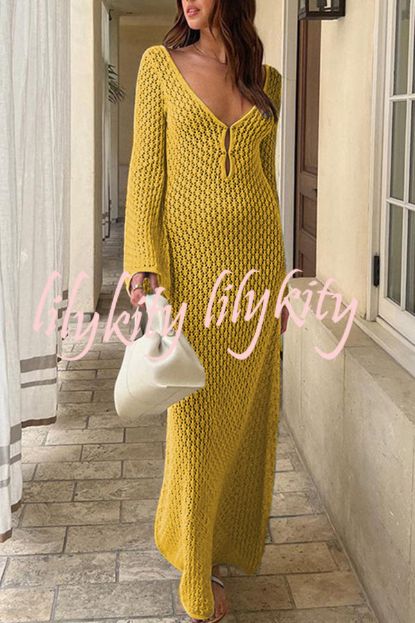 V Neck Button Down Knitted Cutout Long Sleeved Cover Up