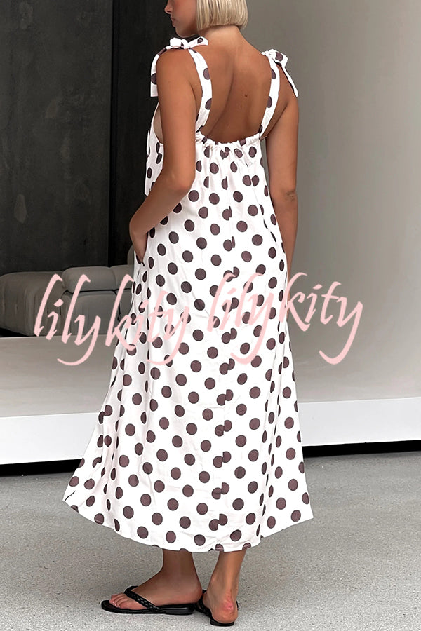 Polka Dot Print Suspenders Strappy Backless Loose Pocket Midi Dress