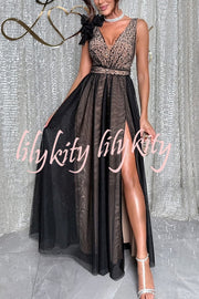 Everlasting Party Sequin Tulle Ruffles Shoulder Design Slit Maxi Dress