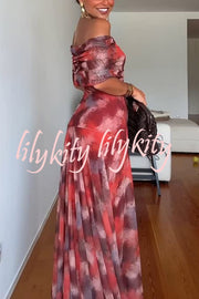 Unique Printed Off-the-shoulder Waisted Holiday Maxi Dress