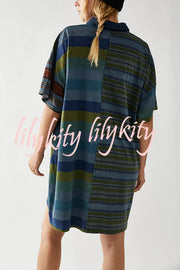 Contrast Striped Patchwork Denim Lapel Loose Casual Mini Dress