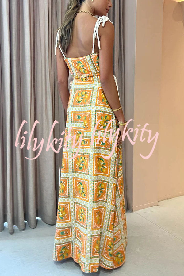 Orange Summer Printed Linen Blend Cutout Tie-up Design Maxi Dress