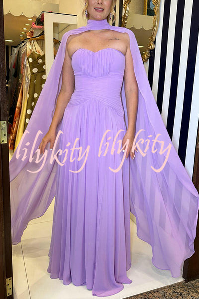 Lavender Scent Chiffon Ruched Strapless Removable Cape Maxi Dress