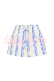 Stripe Print Lapel Long-sleeved Casual Shirt and Elastic Waist Loose Shorts Set