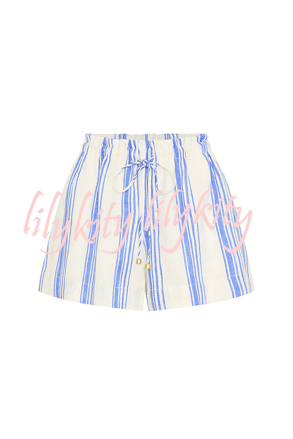 Stripe Print Lapel Long-sleeved Casual Shirt and Elastic Waist Loose Shorts Set