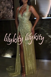 Queen of Compliments Glitter Fabric Halter Sweetheart Neck Ruched Slit Maxi Dress