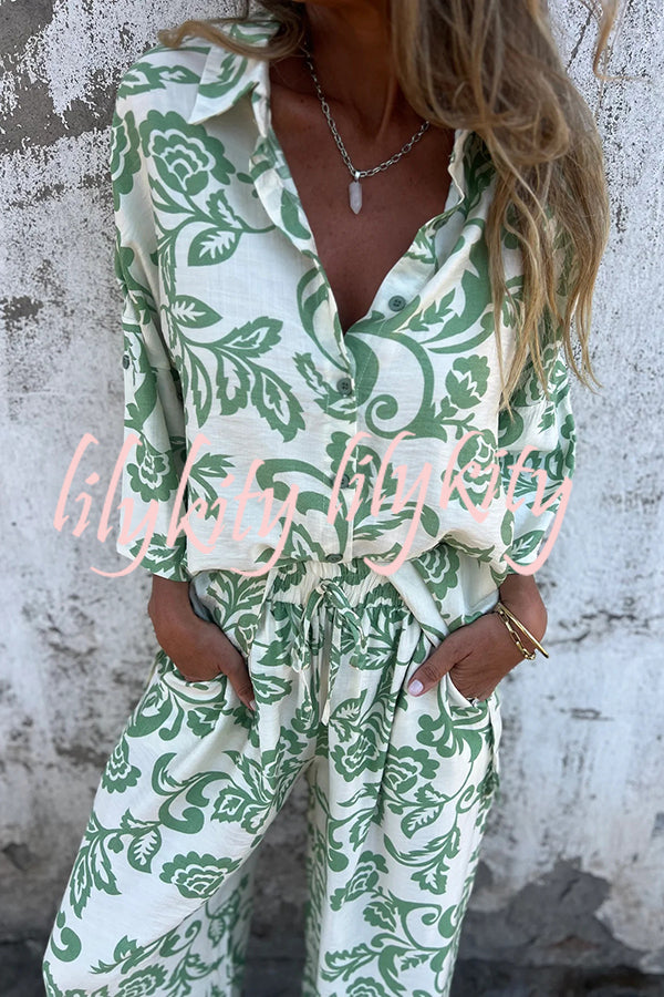 Linen Blend Unique Print Long Sleeve Loose Shirt and Elastic Waist Tie Pocket Pants Set