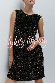 Glam Season Velvet Sequin Back Oversized Bow Design Sleeveless Loose Mini Dress
