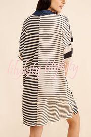 Contrast Striped Patchwork Denim Lapel Loose Casual Mini Dress