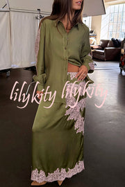 Eye-catching Work Contrast Color Satin Lace Trim Mid Rise Maxi Skirt