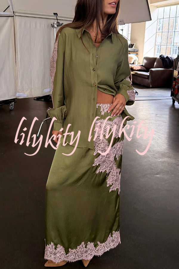 Eye-catching Work Contrast Color Satin Lace Trim Mid Rise Maxi Skirt