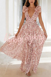 Lost in The Melody Chiffon Printed Flutter Sleeve Cutout Back Lace-up Maxi Dress