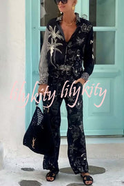 Black Magic Satin Unique Print Long Sleeve Blouse and Elastic Waist Pocket Wide Leg Pants Set