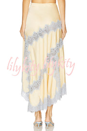 Wine Tasting Contrast Color Satin Lace Trim Irregular Hem Drape Midi Skirt