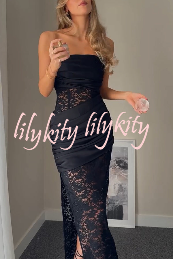 Dulcie Lace and Satin Patchwork Asymmetrical Pleats Bandeau Maxi Dress