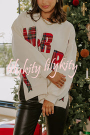 Merry Plaid Embroidered Bow Long-Sleeve Loose Sweatshirt