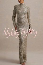Galaxy Premium Sequin Turtle Neck Long Sleeve Maxi Dress